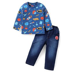 Babyhug Cotton Knit Full Sleeves T-Shirt & Denim Jeans Set With Back To School Theme Print - Blue