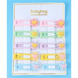 Babyhug Snap Clips with Floral Applique Free Size Pack of 10 - Pink Blue & Yellow