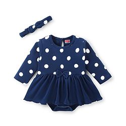 Babyhug 100 % Cotton Knit Full Sleeves Frock Style Onesie With Hairband Polka Dot Print-Navy Blue