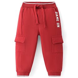 Babyhug French Terry Knit Full Length Lounge Pant with Cargo Pockets & Text Print - Red