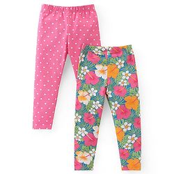 Babyhug Cotton Lycra Knit Full Length Stretchable Leggings with Floral & Polka Dots Print Pack of 2 - Multicolour