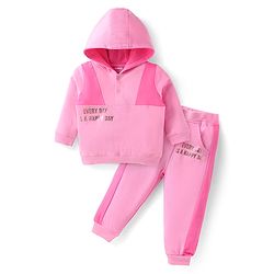 Babyhug Terry Knit Full Sleeves Cut & Sew Hooded Sweatshirt with Text Print & Joggers - Pink