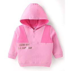 Babyhug Terry Knit Full Sleeves Cut & Sew Hooded Sweatshirt with Text Print & Joggers - Pink