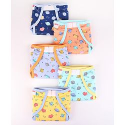 Babyhug Interlock Dyed Velcro Cloth Nappies Solar Printed Small Pack of 5 - Multicolor