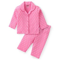 Babyhug Cotton Knit Full Sleeves Night Suit With Polka Dots Print - Pink