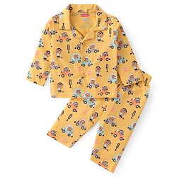 Babyhug Cotton Knit Full Sleeves Collar Neck Front Open Night Suit with Vehicles & Animal Print - Yellow