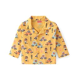 Babyhug Cotton Knit Full Sleeves Collar Neck Front Open Night Suit with Vehicles & Animal Print - Yellow
