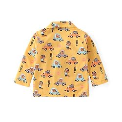 Babyhug Cotton Knit Full Sleeves Collar Neck Front Open Night Suit with Vehicles & Animal Print - Yellow