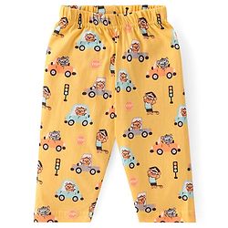 Babyhug Cotton Knit Full Sleeves Collar Neck Front Open Night Suit with Vehicles & Animal Print - Yellow
