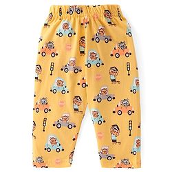Babyhug Cotton Knit Full Sleeves Collar Neck Front Open Night Suit with Vehicles & Animal Print - Yellow