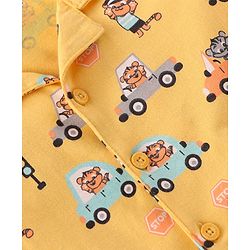 Babyhug Cotton Knit Full Sleeves Collar Neck Front Open Night Suit with Vehicles & Animal Print - Yellow