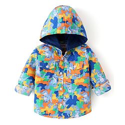 Babyhug Cotton Woven Full Sleeves Hooded Shirt with Dino Print - Multicolour
