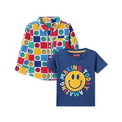Babyhug Cotton Knit Full Sleeves Smiley Printed Shirt with T-Shirt - Navy Blue White & Yellow