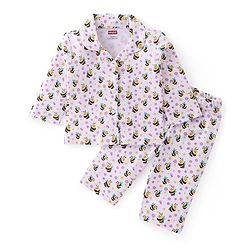 Babyhug Cotton Knit Full Sleeves Collar Neck Front Open Night Suit with Bee & Floral Print - White