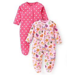 Babyhug Cotton Knit Full Sleeves Sleep Suits With Floral & Butterfly Print Pack Of 2 - Pink & Light Pink