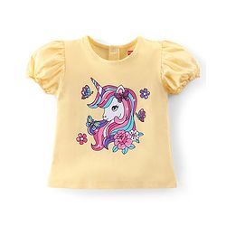 Babyhug Cotton Knit Half Sleeves Top & Denim Skirt Set With Unicorn Print - Yellow
