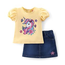 Babyhug Cotton Knit Half Sleeves Top & Denim Skirt Set With Unicorn Print - Yellow