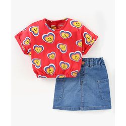 Babyhug Cotton Knit Drop Shoulder Sleeves Top & Denim Skirt Set With Hearts Print - Red & Blue