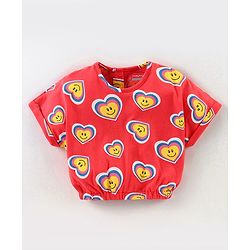 Babyhug Cotton Knit Drop Shoulder Sleeves Top & Denim Skirt Set With Hearts Print - Red & Blue