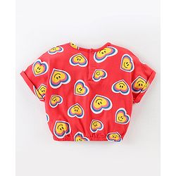 Babyhug Cotton Knit Drop Shoulder Sleeves Top & Denim Skirt Set With Hearts Print - Red & Blue