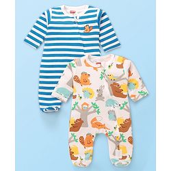 Babyhug Cotton Knit Full Sleeves  Striped Footed Sleep Suits with Animal Print Pack of 2 - Multicolour