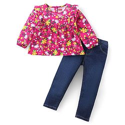 Babyhug Cotton Knit Full Sleeves Frill Detailed Top & Denim Pants Set With Floral Print - Multicolor