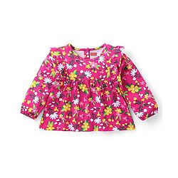 Babyhug Cotton Knit Full Sleeves Frill Detailed Top & Denim Pants Set With Floral Print - Multicolor