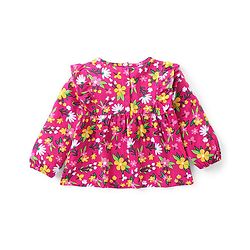 Babyhug Cotton Knit Full Sleeves Frill Detailed Top & Denim Pants Set With Floral Print - Multicolor