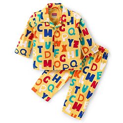 Babyhug Cotton Knit Full Sleeves Front Open Night Suit With Alphabets Print - Mustard