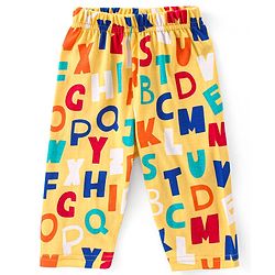 Babyhug Cotton Knit Full Sleeves Front Open Night Suit With Alphabets Print - Mustard