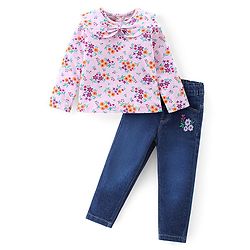 Babyhug Single Jersey Knit Full Sleeves Top & Jeans Set Floral Print -Pink