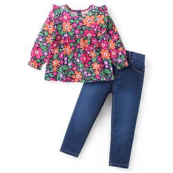 Babyhug Cotton Knit Full Sleeves Frill Detailed Top & Denim Pants Set With Floral Print - Multicolor