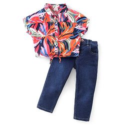 Babyhug Rayon Woven Half Sleeves Tropical Printed Top & Denim Jeans Set - Multicolor
