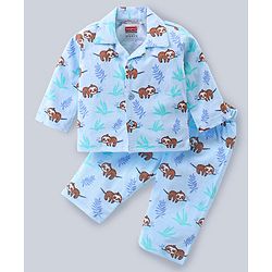 Babyhug Cotton Knit Full Sleeves Front Open Night Suit With Sloths Print - Light Blue