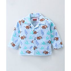 Babyhug Cotton Knit Full Sleeves Front Open Night Suit With Sloths Print - Light Blue