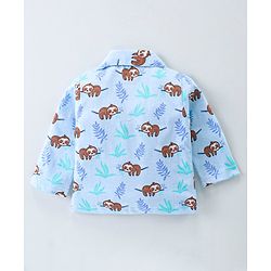 Babyhug Cotton Knit Full Sleeves Front Open Night Suit With Sloths Print - Light Blue