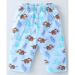 Babyhug Cotton Knit Full Sleeves Front Open Night Suit With Sloths Print - Light Blue