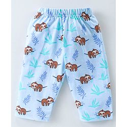 Babyhug Cotton Knit Full Sleeves Front Open Night Suit With Sloths Print - Light Blue