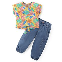 Babyhug Cotton Knit Half Sleeves Tropical Printed Top & Denim Jeans Set - Multicolor