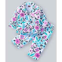 Babyhug Cotton Knit Full Sleeves Night Suit With Floral Print - White
