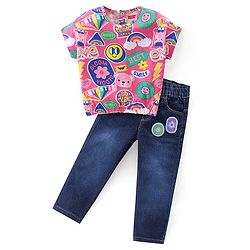 Babyhug Cotton Knit Half Sleeves Text Printed Top & Denim Jeans Set - Multicolor