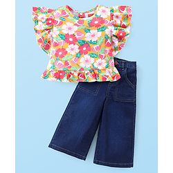 Babyhug Cotton Knit Flutter Sleeves Floral Printed Top & Wide Leg Denim Jeans Set - Multicolor