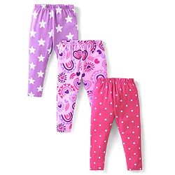 Babyhug Cotton Lycra Knit Full Length Star Hearts & Polka Dots Printed Leggings Pack of 3 - Purple Pink & Dark Pink