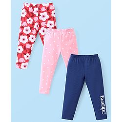 Babyhug Cotton Lycra Full Length Leggings With Floral & Polka Dots  Print Pack Of 3 - Navy Blue Red  & Pink