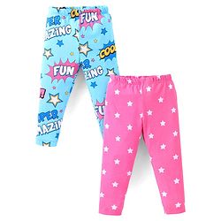 Babyhug Cotton Lycra Leggings With Stars & Text Print Pack Of 2 - Light Blue & Pink