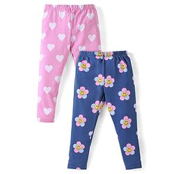 Babyhug Cotton Lycra Knit Full Length Leggings With Hearts & Floral Print Pack Of 2 - Pink & Navy