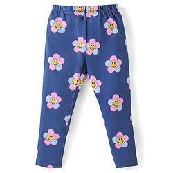 Babyhug Cotton Lycra Knit Full Length Leggings With Hearts & Floral Print Pack Of 2 - Pink & Navy