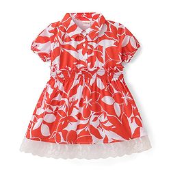 Babyhug Woven Half Sleeves Frock with Floral Print - Red & White