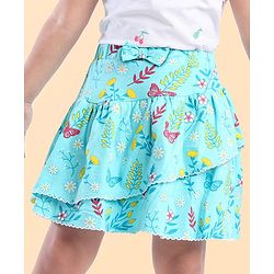 Babyhug Single Jersey Knit Knee Length Skirt Floral Print with Bow Applique - Blue