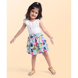 Babyhug Single Jersey Knit Knee Length Layered Floral Printed Skirt with Bow Applique - Multicolor